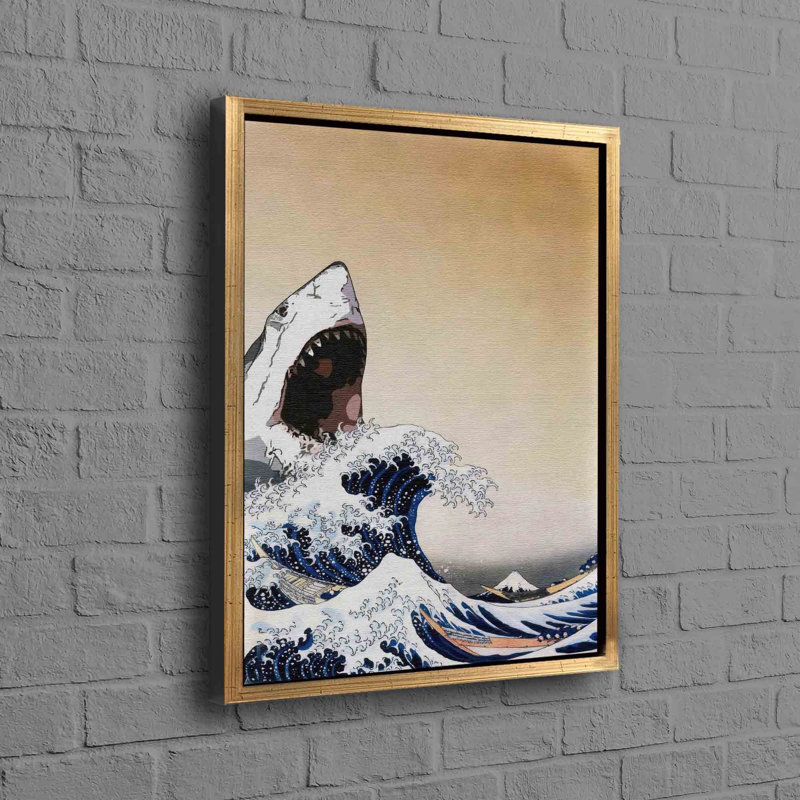 Large Modern Abstract Wave Art Canvas With Shark Wall Hanging Perfect as Home Decor or Bridesmaid Gifts, 30" H x 22" W, Gold