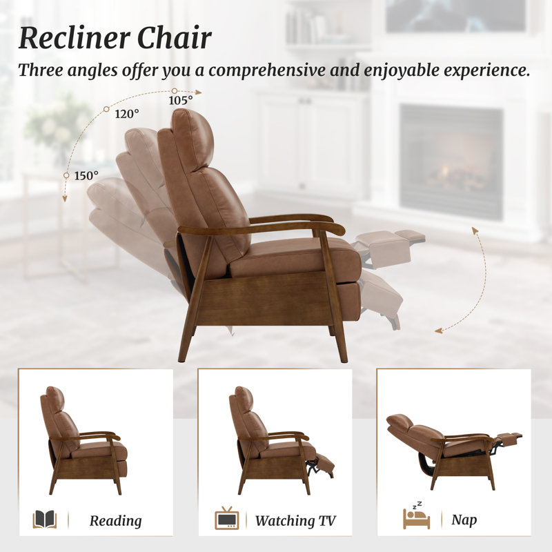 Genuine Top Grain Leather Push Back Recliner, Solid Walnut Wood Arm Mid-Century Modern High Back Manual Recliner, 3 Position Adjustable Lounge Chair for Small Space Living Room, Bedroom & Reading Nook(Set of 2)