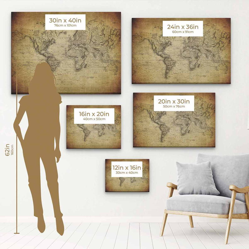 «Wydmire Brown Antique Map Wall Art», toile sur toile 8981, H 16 po x l 20 po x P 1,25 po, Cadre flottant blanc