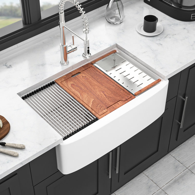 Station de travail en céramique blanche de 33 po à cuve simple - et durable, résistance à la décoloration, rebord, évier de cuisine à cuve profonde, en acier inoxydable 304, grille à vaisselle en acier inoxydable