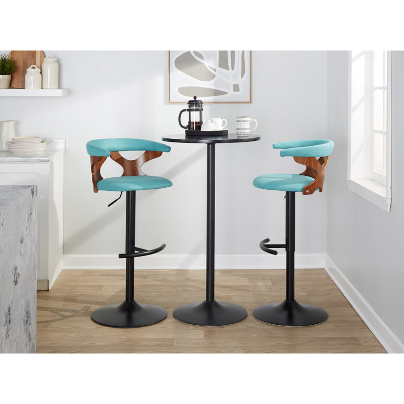 Light Blue Adjustable Swivel Barstool with Wood and Metal Frame
