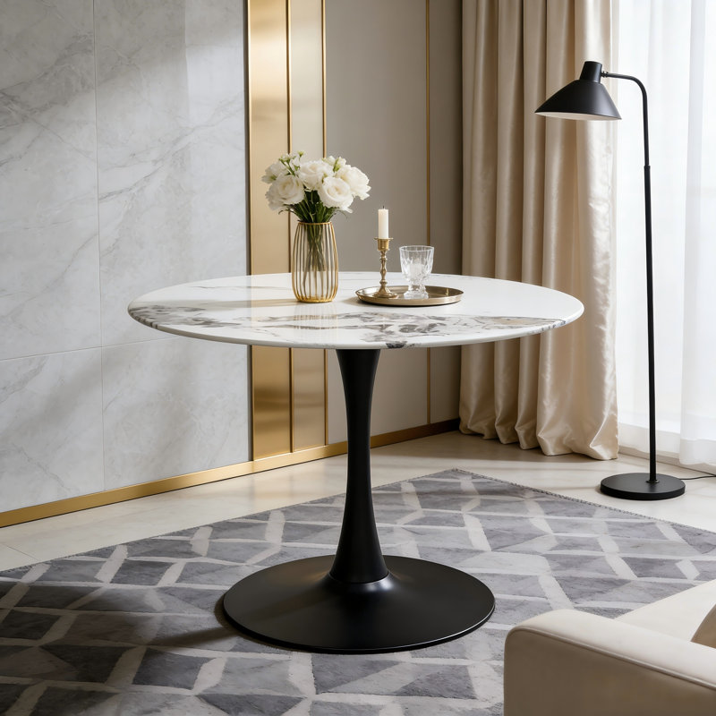 Table de salle à manger 34,65 pouces à motif de tulipes avec base en métal noir pour 4 à 6 personnes