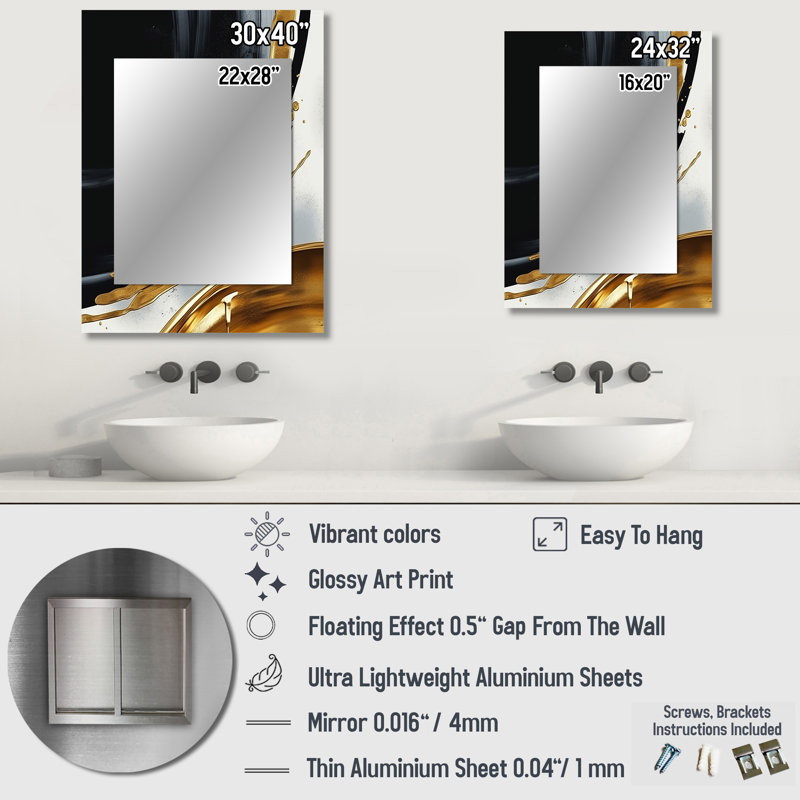 Black Gold Abstract Shapes Marble I - Marble Unique Mirror, Modern Large Wall Mirror, Printed Metal Art, 40" x 30"