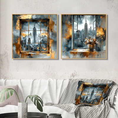 «Gold Empire State Windows View Nyc I», art mural industriel 2 pièces