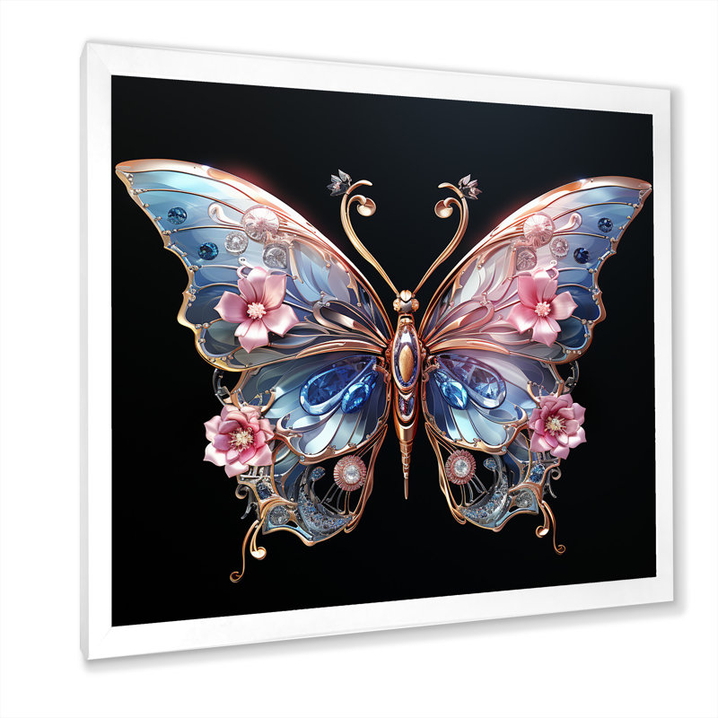 «Blue and Pink Crystal Butterfly III», art mural papillon, Cadre simple blanc, H 36 po x l 36 po x P 1,5 po