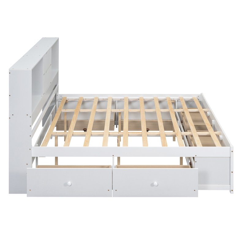 Lit plateforme avec tête de lit et tiroirs de rangement, Blanc, Très grand lit