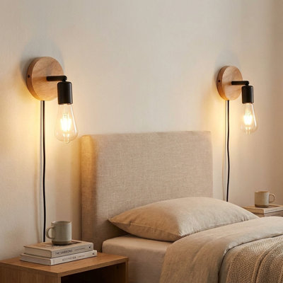 Ensemble de 2 appliques murales de style campagnard avec abat-jour rustique en bois industriel avec abat-jour en métal et lampe de chevet pour chambre