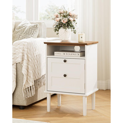 Nightstand, Boho Night Stand With 1 Drawer, Modern Side Accent Table With Open Shelf, Wooden Top Bedside End Table For Bedroom, Living Room, White