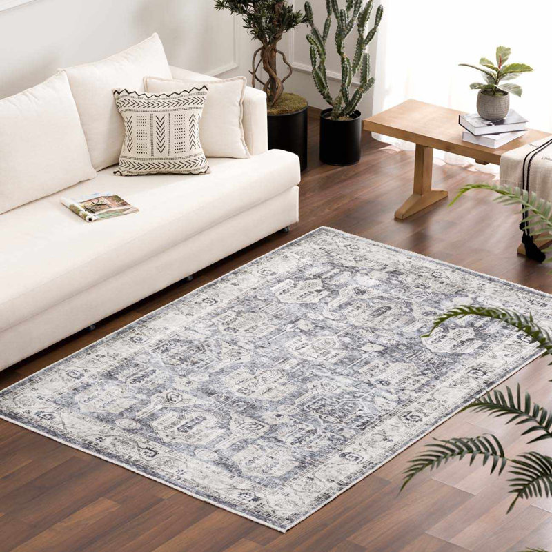 Valdes Machine Washable Oriental Gray Area Rug, Rectangle 6'7" x 9'
