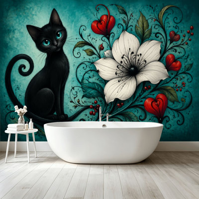 Papier peint adhésif pelez et collez, mignon chat noir, grands yeux bleus, cœur rouge, art mural floral auto-adhésif et amovible