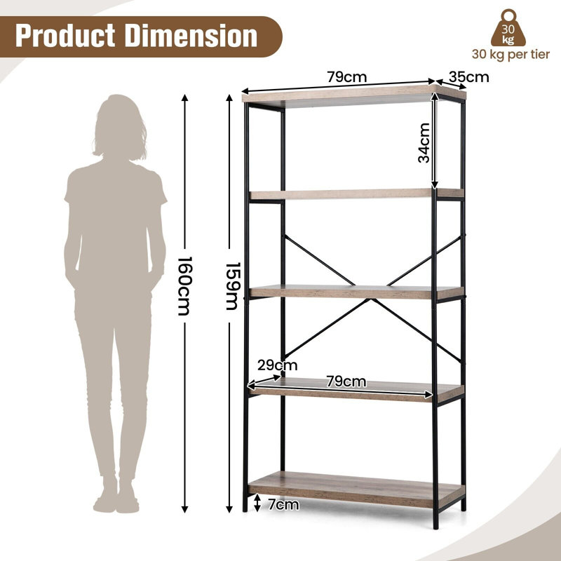 Alisher 159 cm H x 79 cm W Bookcase, Grey
