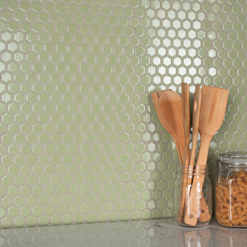 Metro .90" x .90" Hex Porcelain Honeycomb Mosaic Wall & Floor Tile, Olive