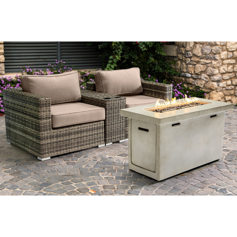 LSI Fully Assembled 2 Person Seating Group With Sunbrella Cushions And Rectangle Concrete Firepit, Sunbrella Beige 
