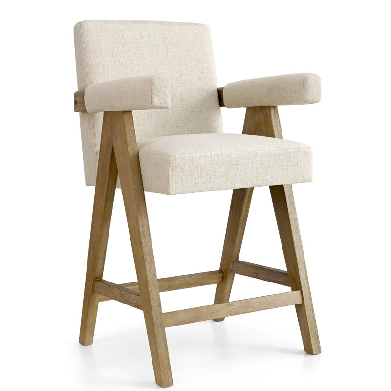 Bilon 25.5'' Linen Upholstered Wood Counter Stool with Arms, Beige