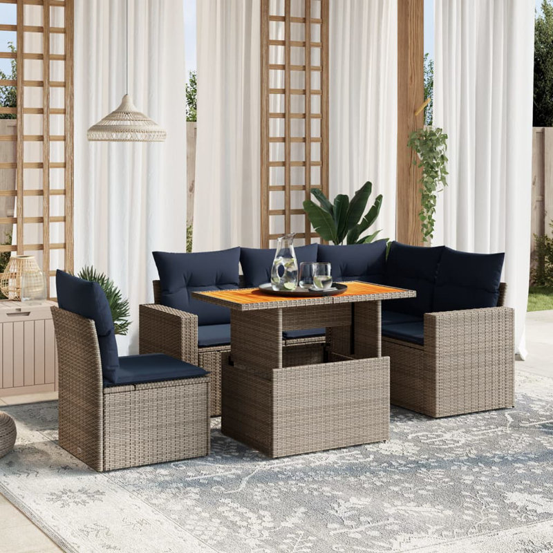 Ensemble de canapé de patio 6 pièces avec coussins en rotin de polyester, Gris, Marine