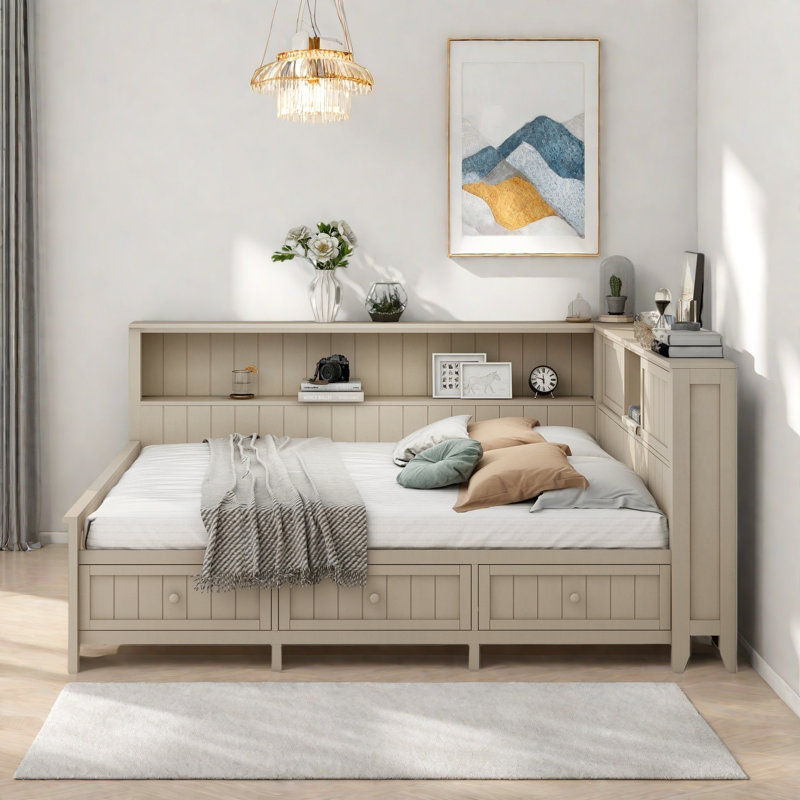 Wood Daybed With Storage Shelves, Sliding Doors And 3 Drawers, Full/Double