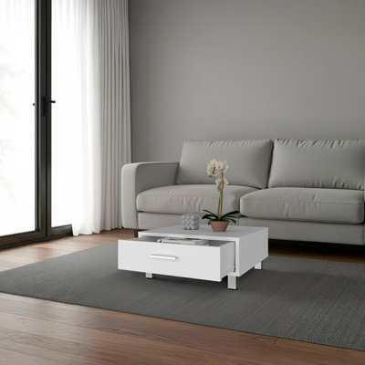 Table basse Berd White avec tiroir et pieds en métal, design compact, blanc