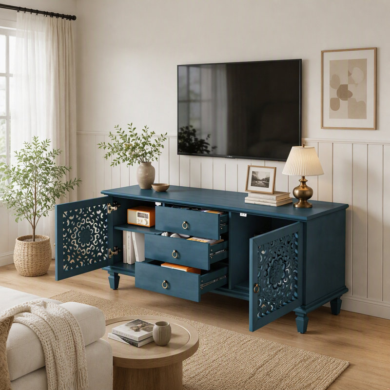 Meuble télé avec tiroirs creux sculptés Farmhouse, Bleu antique