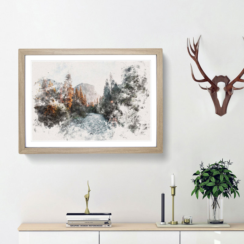 Yosemite Valley Sunrise Watercolour - Picture Frame Graphic Art Print, Oak Framed, 45cm H x 63cm W x 2cm D