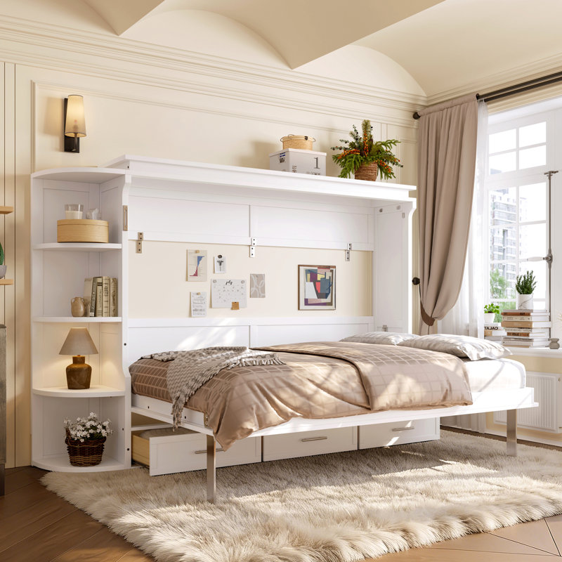 Lit plateforme double pleine grandeur avec tablette, armoires latérales et tiroirs, idéal pour la chambre d'amis, bureau à domicile multifonctionnel tout-en-un, design