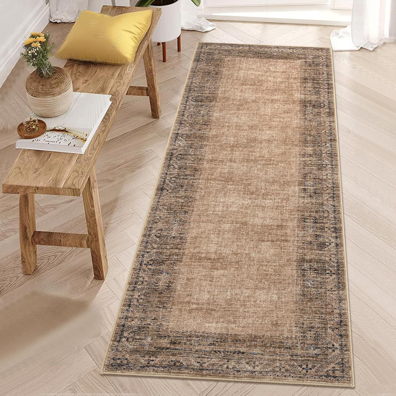 2x6 Washable Vintage Border Runner Rug Non-Slip Low Pile Stain-Resistant Boho Throw Carpet for Kitchen Hallway Living Room Bedroom Taupe/Brown.