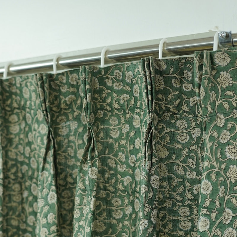 Pinch Pleated Curtain Handmade Block Print Floral Drape, Soft Boho Linen, Living Room, Bedroom, Kitchen & Patio Décor, Himachal, Green