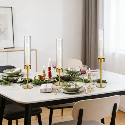 Tiered Hurricane Candle Holders Set Of 3 With Gold Metal Base And Ribbed Glass - Wind-Protected Design For Taper Candles, Elegant Dining Table And Wedding Centerpiece Decor