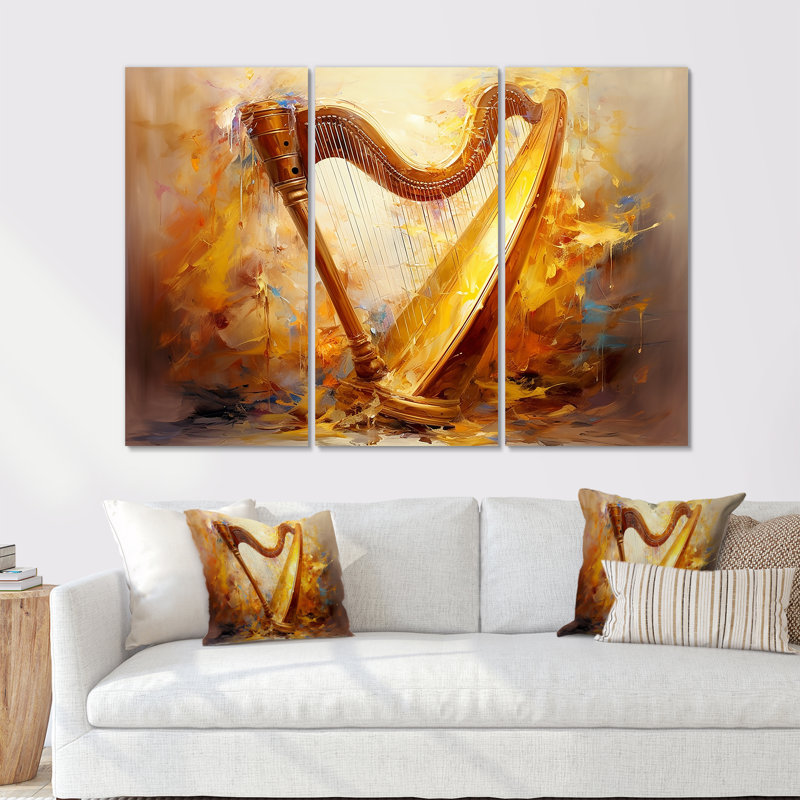 Majestic Golden Yellow Harmonic Harp III - ensemble d'art mural sur toile, H 40 po x l 60 po x P 1 po