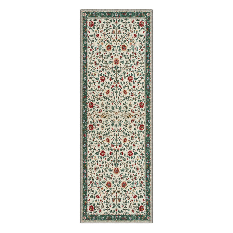 William Morris Botanical Green Floral Area Rug, Machine Washable, Inspired Faux Wool, Non-Slip Backing, Runner 2'6" x 8'