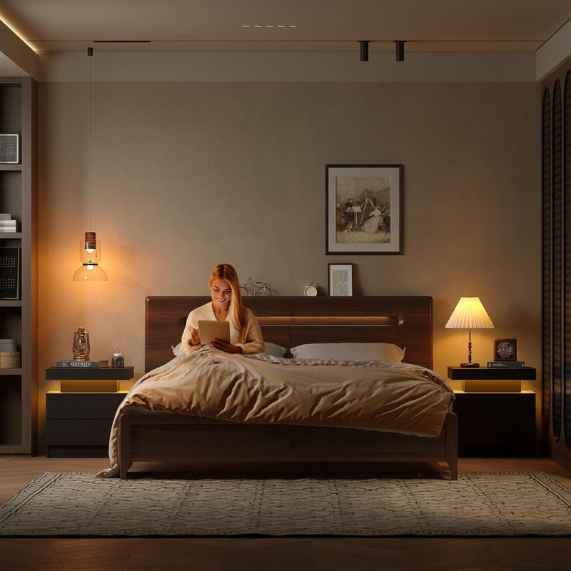 Black Modern LED Nightstand Set with 2 Drawers