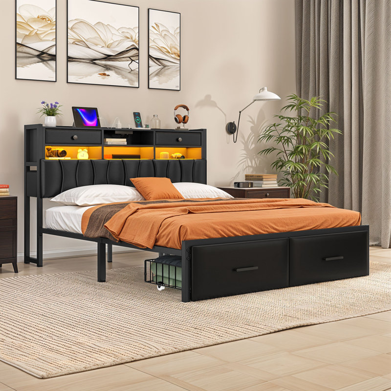 Upholstered Storage Bed With 2 Storage Drawers, LED Headboard & Charging Station, King