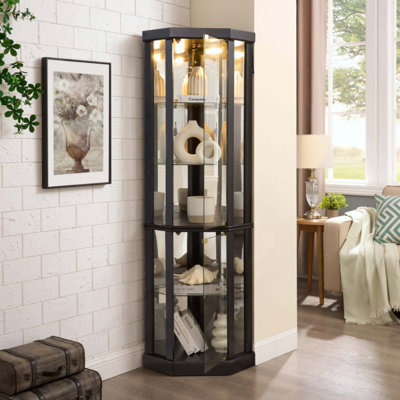 Lighted Curved Curio Cabinet, American Style Glass Display Case with Adjustable Shelves & Mirrored Back Panel, Multi-Functional Storage Cabinet for Wine Antique Collection Living Room Bar