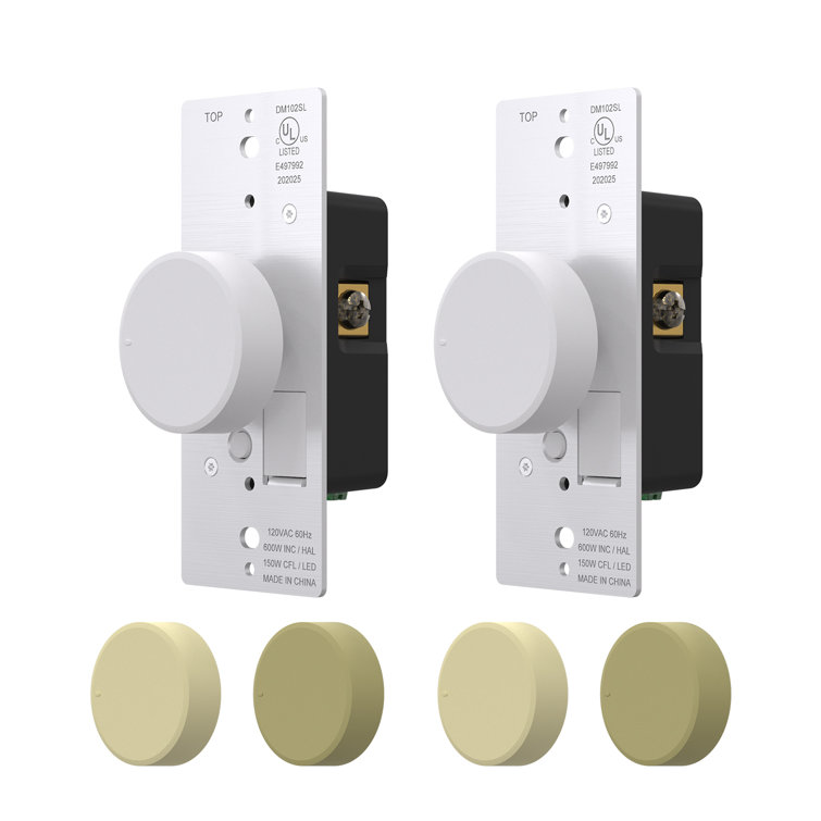 Rotary Dimmer Switch  With Night Indicator Light,  Push On/Off, Single Pole/ 3-Way, White/Ivory/Light Almond (2 Pack)