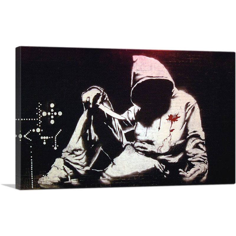 «Hooded Man with Knife» par Banksy - reproduction d'art sur toile tendue, H 12 po x l 18 po x P 0,75 po