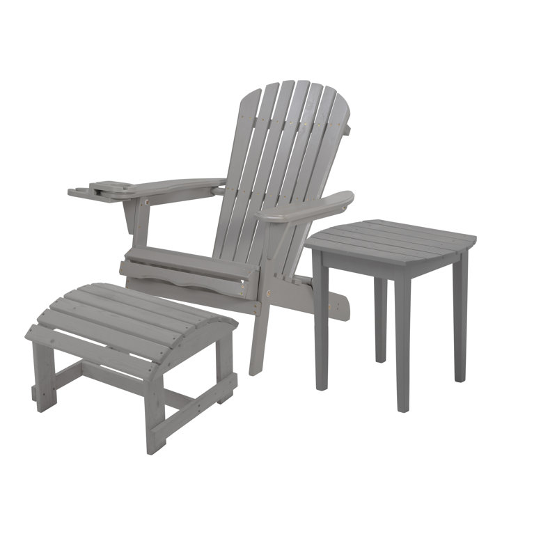 Valdese Pine Foldable Outdoor Adirondack Chair With Ottoman, Light Gray