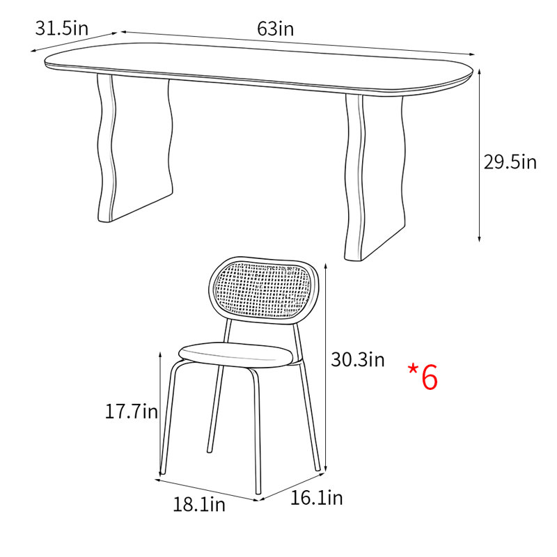 Ensemble de table de salle à manger de style français, H 29,5 po x L 63 po x l 31,5 po