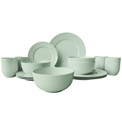  Service de table 16 pièces en porcelaine tressée verte gaufrée avec service léger et durable pour 4 personnes