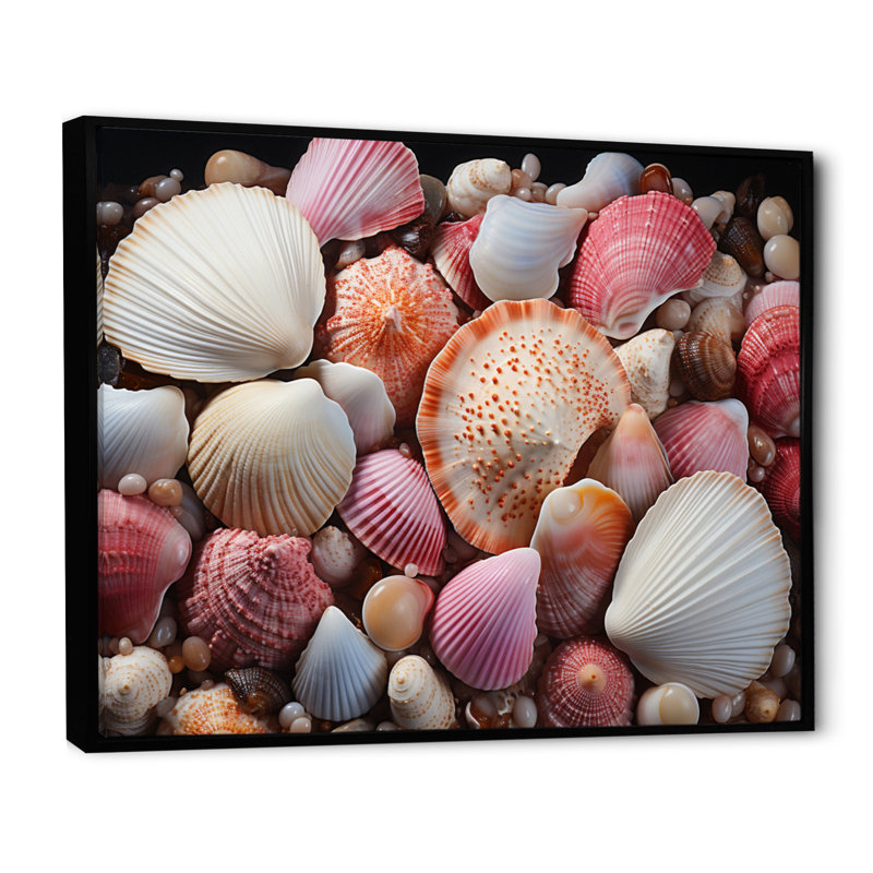 «Pink White Shells Seashore Collage I», reproduction sur toile, H 34 po x l 44 po x P 1,5 po, Cadre flottant noir