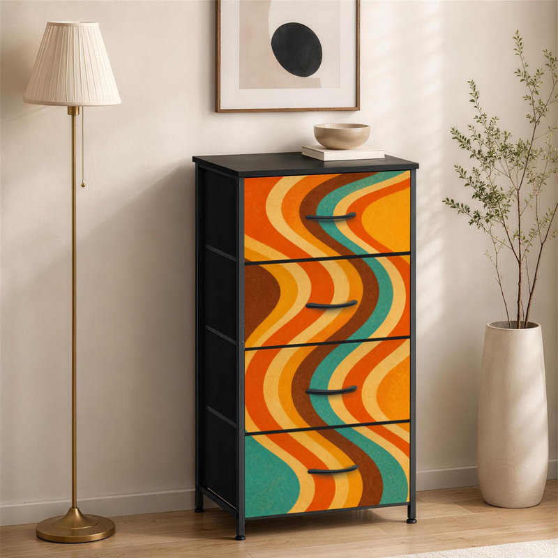Commode à 4 tiroirs pour la chambre à coucher Rétro groovy Abstrait coloré aux formes ondulées design Petite grande commode à vêtements pour organisateurs de placard avec commode