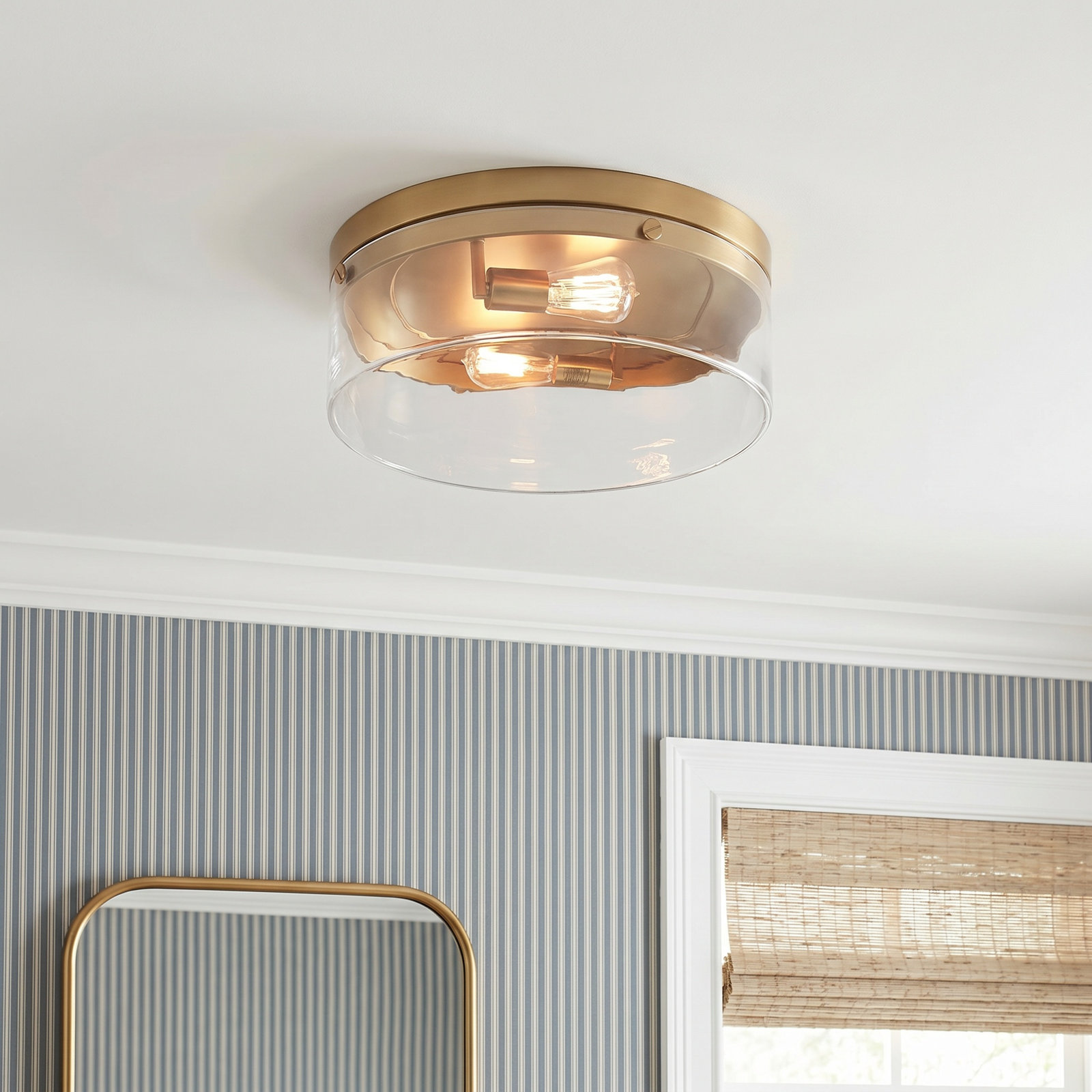 2 Light Glass Flush Mount, Burnished Brass
