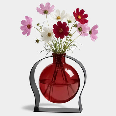 Diredra Recycled Glass Table Vase & Arched Metal Stand, 8.5 oz capacity, Red