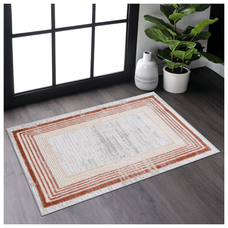 Bordered Area Rug - Modern Geometric Design, Stain Resistant Low Pile Carpet for Living Room, Bedroom, and High Traffic Areas - Brown/Ivory