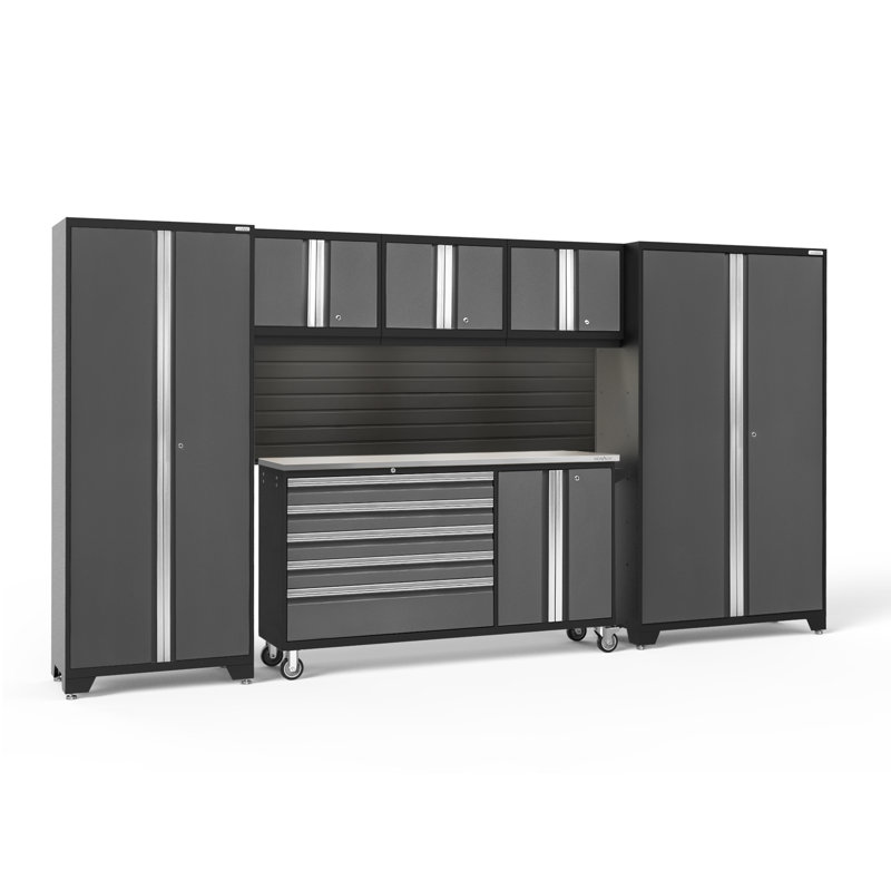 Bold Series 6 Piece Garage Storage Cabinet Set, Bamboo, LED Light, Red/White