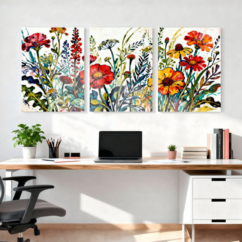 «Botanical Floral Garden», impression sur toile tendue sur toile (ensemble de 3), H 36 po x l 72 po