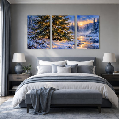Snowy Pine Tree and Sleeping Dog at Christmas Set Of 3 Canvas Wall Art