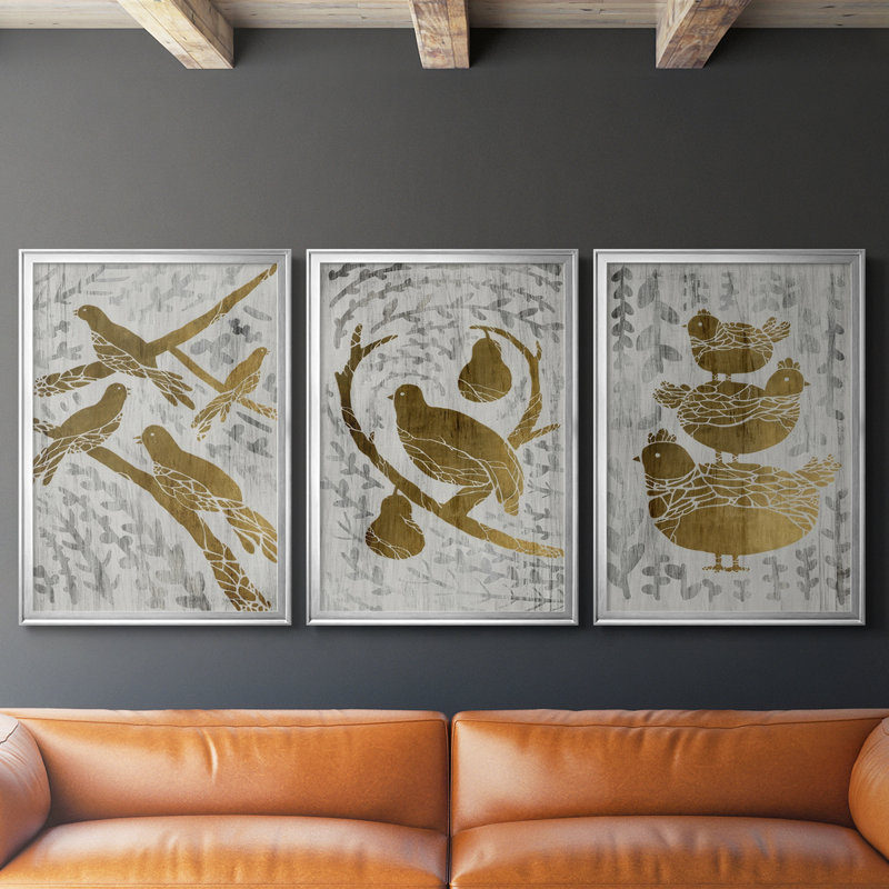 Quatre oiseaux qui chantent - Feuille d'or - Toile sur toile tendue avec châssis encadré - 3 pièces, H 27 po x l 39 po