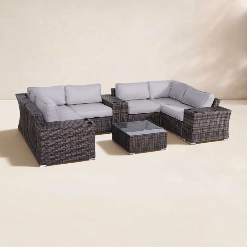 Ensemble de conversation modulaire avec coussins 10 pièces Saffi, Brun, Oléfine grise