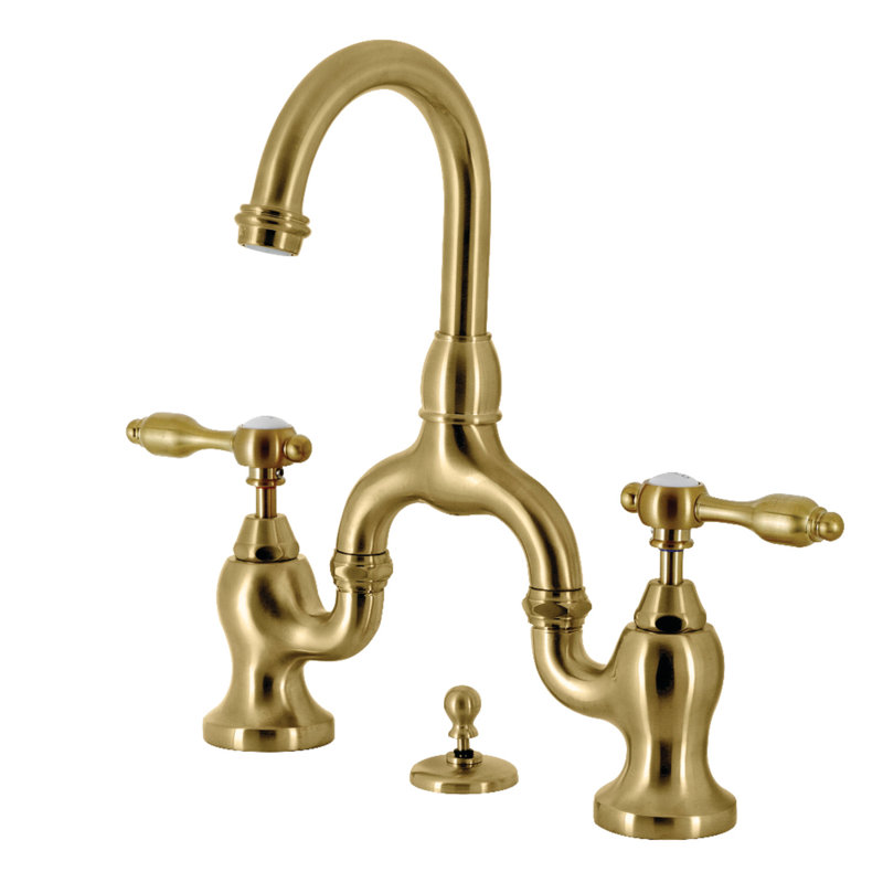 Kingston Brass Tudor Two-Handle 3-Hole Deck Mount Bridge Bathroom Faucet with Brass Pop-Up, Brushed Brass