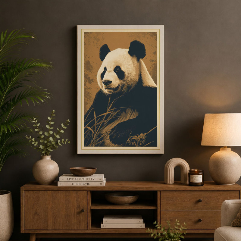 Panda Portrait Japandi 1 Piece Wrapped Canvas Wall Art, 30x20 - 76.2 x 50.8 cm, Teal Border