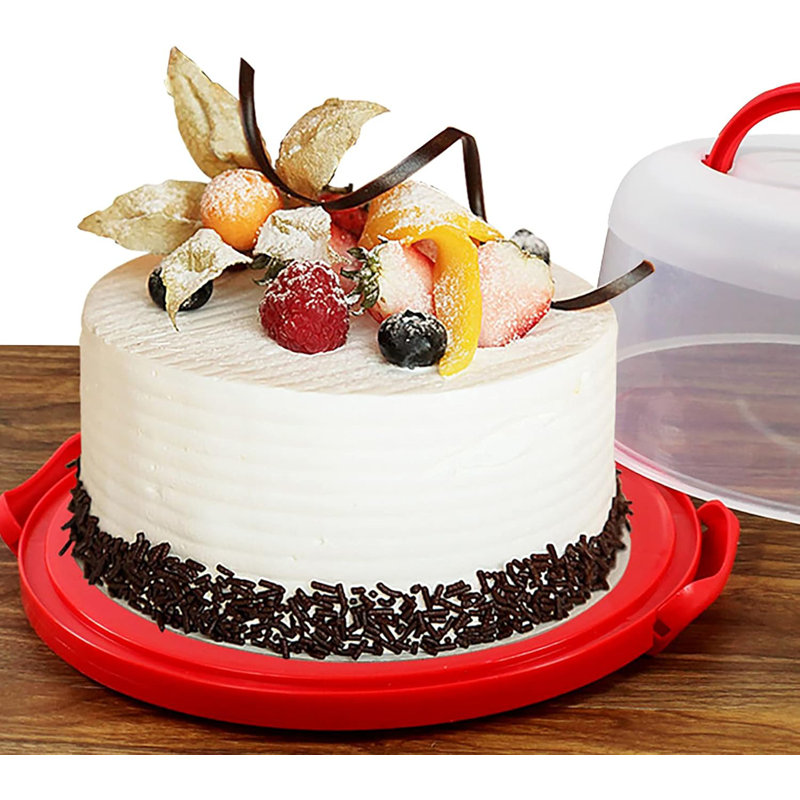 Cake Carrier with Collapsible Handle - Plastic Red Cake Container and Holder with Lid